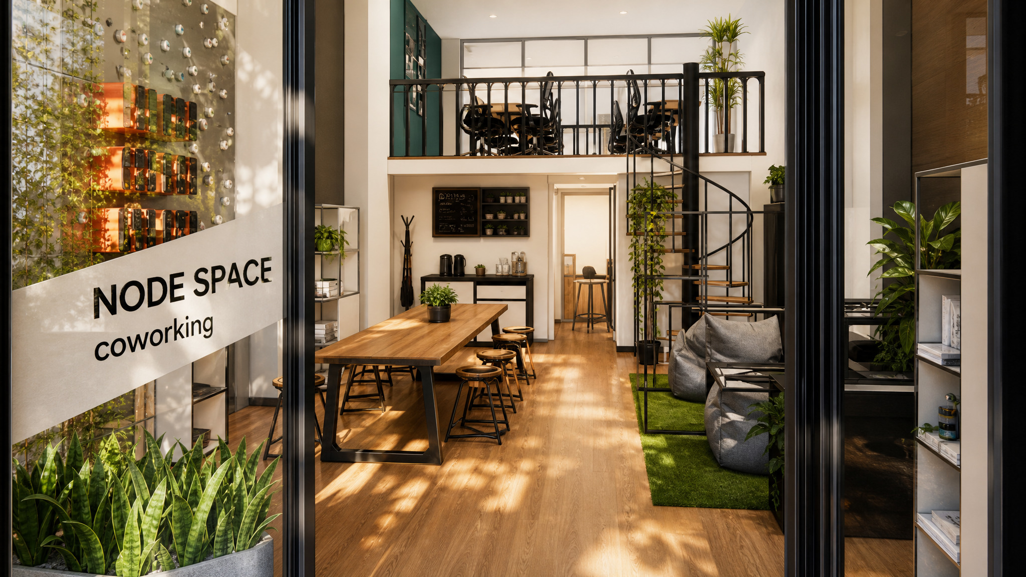 Render del interior de NODE SPACE coworking en Valencia, con mesa comunal, altillo y plantas